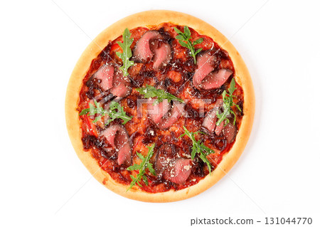 Gourmet Roast Beef Pizza with Caramelized Onions, Arugula, Tomato Sauce and Grated Cheese on White Background 131044770