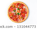 Spicy Pepperoni Pizza with Fresh Tomato Slices, Jalapenos, Parsley and Melted Cheese on White Background 131044773