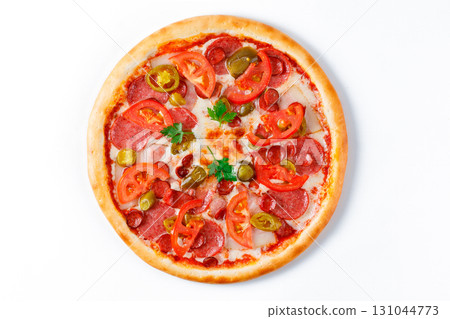 Spicy Pepperoni Pizza with Fresh Tomato Slices, Jalapenos, Parsley and Melted Cheese on White Background Spicy Pepperoni Pizza with Fresh Tomato Slices, Jalapenos, Parsley and Melted Cheese on White Background 131044773