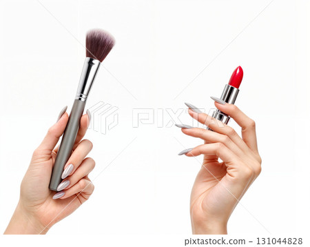 Close-up of hands applying red lipstick with makeup brush on clean white background. Perfect for beauty tutorials, cosmetic ads, and salon marketing materials 131044828