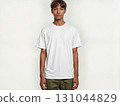 Minimalist style with person in white tee and olive shorts against plain white background. Perfect for product displays, fashion catalogs, and clean aesthetic content 131044829