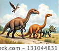 Three dinosaurs walking through grassy plains with mountains and flying bird. Ideal for children's books, museum displays, and prehistoric adventure themes. 131044831