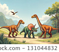 Prehistoric scene with sauropods and triceratops walking through ancient landscape with mountains. Perfect for educational materials, dinosaur enthusiasts, and kids' decor. 131044832