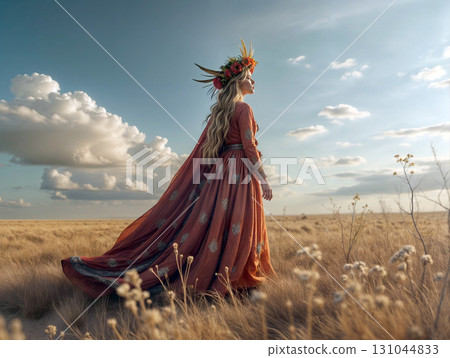 Boho-chic woman in flowing patterned dress with floral crown standing in wild grass field. Ideal for festival fashion, ethereal weddings, and dreamy lifestyle content 131044833