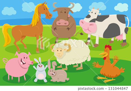 happy cartoon farm animal characters group in the meadow 131044847
