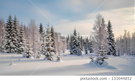 A panoramic image of a winter forest covered in snow. Snow-covered spruce and birch trees stand under a clear blue sky, illuminated by the soft morning sun. Long shadows from the trees fall across the 131044852