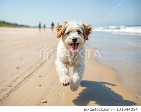 Adorable puppy running along shoreline with splashing waves. Ideal for pet care products, social media content, and heartwarming designs. Captures playful innocence Adorable puppy running along shoreline with splashing waves. Ideal for pet care products, social media content, and heartwarming designs. Captures playful innocence 131044854