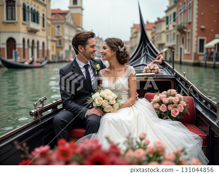 Romantic bride and groom in Venetian gondola with colorful historic buildings. Perfect for wedding albums, travel blogs, and romantic decor. Captures love and timeless elegance 131044856