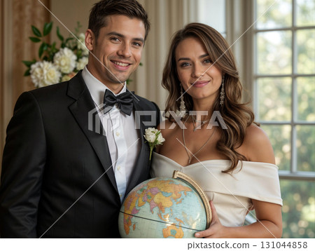 Elegant couple in formal wear holding globe with floral backdrop by large windows. Ideal for wedding magazines, luxury brands, and romantic decor. Symbolizes love and worldly connection 131044858
