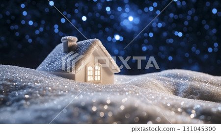 Cozy snow-covered cottage nestled in a serene winter night landscape 131045300