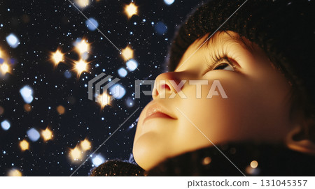 joyful child gazes up at a starry sky on a clean dark backdrop 131045357