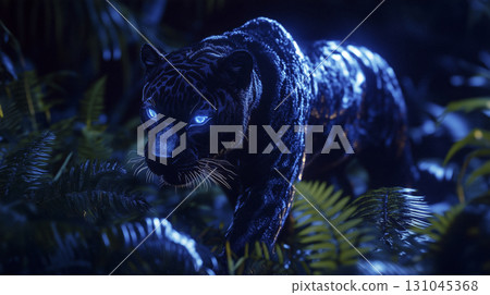 majestic black jaguar walking in a lush jungle at twilight with dramatic shadows 131045368