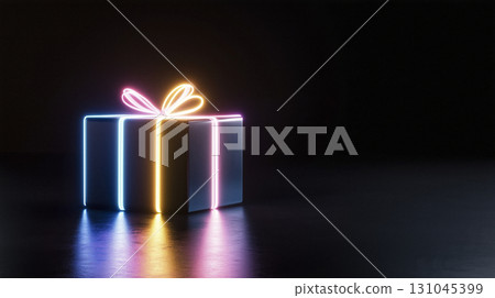 Radiant neon-lit gift box floating against a deep black backdrop 131045399
