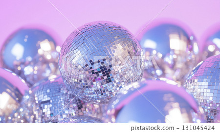 shiny silver disco balls background with 70s color gradient 131045424