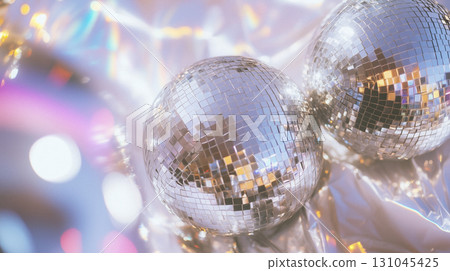 shiny silver disco balls background with 70s color gradient 131045425