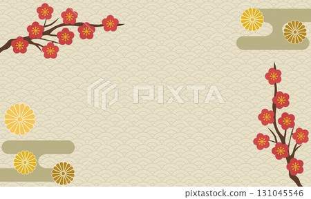 Traditional background illustration featuring Japanese-style plum blossoms and chrysanthemums 131045546