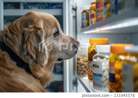 Pet dog taking medicine from shelf while left alone, concept of careful pet care and home safety. 131045578
