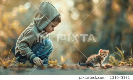 Curious kids play with kitten in green park, perfect for nature, care, and friendship 131045581