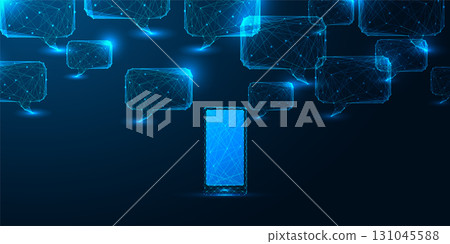 Smartphone chat communication with glowing polygon speech bubbles and mobile interface tech concept 131045588