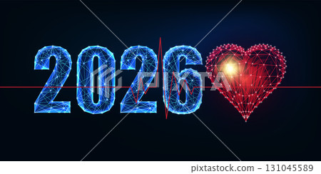 2026 with glow heart and ECG pulse line, health and wellbeing new year concept vector illustration 131045589