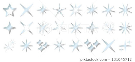 Futuristic y2k silver stars and sparkles icon set, different number of rays. Vector monochrome metal sparks sign collection. Retro aesthetic shining chrome and platinum flash symbols with shadow Futuristic y2k silver stars and sparkles icon set, different number of rays. Vector monochrome metal sparks sign collection. Retro aesthetic shining chrome and platinum flash symbols with shadow 131045712