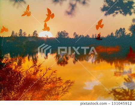 Birds fly over a serene lake reflecting a stunning sunset. A serene sunset reflects on a tranquil lake, pond with silhouettes of birds soaring in sky. Birds fly over a serene lake reflecting a stunning sunset. A serene sunset reflects on a tranquil lake, pond with silhouettes of birds soaring in sky. 131045912