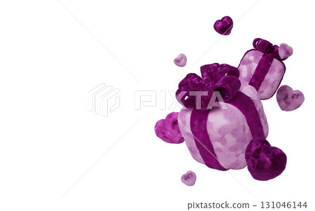 Fluffy gift boxes with hearts on white background, perfect for Valentine s Day and romantic themes. 131046144