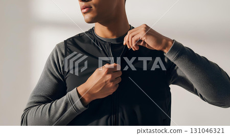 Blank vest worn mockup over thermal, waist to collarbone close-up, isolated front view 131046321