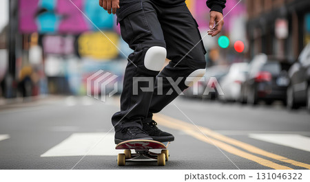 Blank knee pad under cargo pants, close-up, isolated 131046322