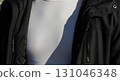 Blank white thermal underwear, under winter jacket zip, isolated front close-up 131046348