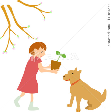 一個女孩和她的狗很高興看到花蕾出現 131046568