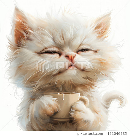A cute kitten with soft, fluffy fur has its morning coffee, looking sleepy and playful, showing funny expressions as it sips. 131046585