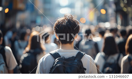 Rear view of a man carrying a backpack walking through a crowded city 131046607