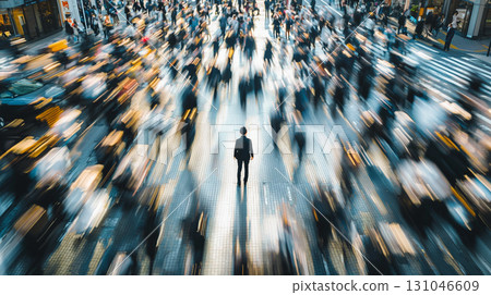 A businessman in a suit standing in the middle of a crowd 131046609