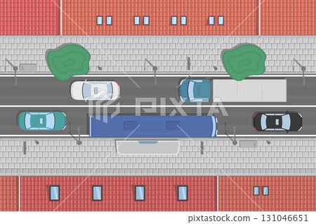 urban European city street road with cars and buildings top view illustration 131046651