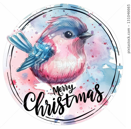 Playful cartoon bird with "Merry Christmas" message, perfect for spreading holiday joy and decorating your space. bullfinch 131046665