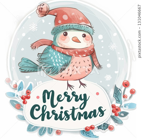 illustration of a charming bird with "Merry Christmas" message, designed to brighten up your festive celebrations. bullfinch 131046667
