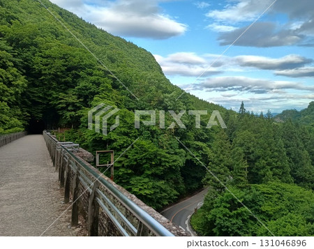 A mountain trail surrounded by forest, with a distant view of a paved road winding downwards 131046896