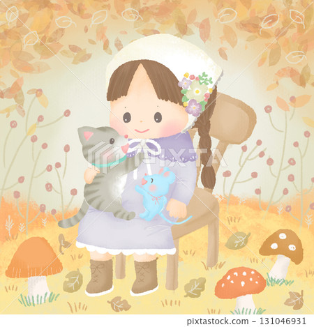 Illustration of a girl holding a cat and a mouse in an autumn forest 131046931