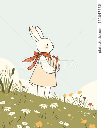 Illustration of a rabbit holding a present Illustration of a rabbit holding a present 131047386