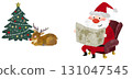 Illustration of Santa Claus looking at a world map and a reindeer sleeping next to a Christmas tree 131047545