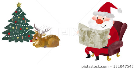 聖誕老人看著世界地圖和一隻馴鹿在聖誕樹旁睡覺的插圖 131047545