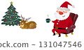 A Christmas illustration of Santa Claus and his reindeer sleeping in a room decorated with a Christmas tree 131047546