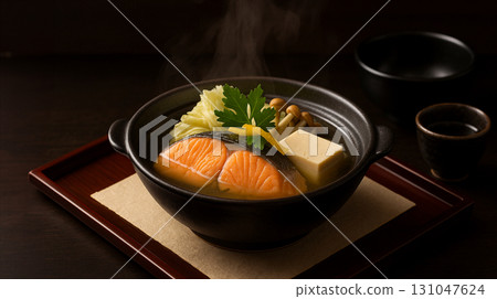 Salmon hotpot dish, Japanese cuisine, miso sauce with ingredients 131047624