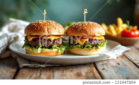 A delicious bison burger topped with cheese, lettuce, and tomato, served on a plate, perfect for summer dining 131047804