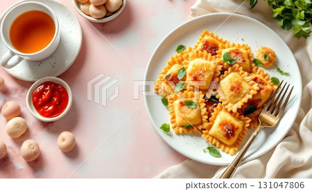 Summer dish featuring fried ravioli, generously covered in tomato sauce and cheese, served on a stylish plate 131047806