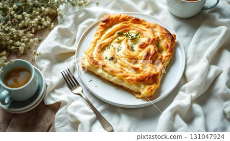 A delicious Greek pastry with cheese and herbs served on a white plate, ideal for summer gatherings 131047924
