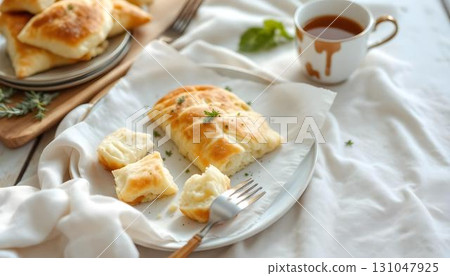 A white plate holds a Greek pastry filled with cheese and herbs, perfect for summer enjoyment 131047925