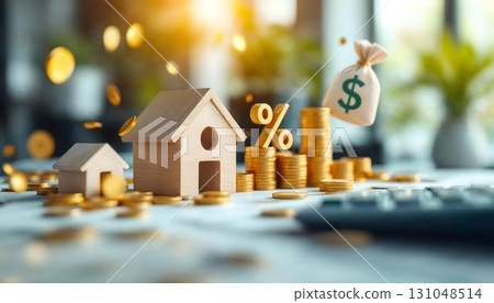 A house, money bags, and a calculator set against a blurred office background, depicting the essential themes of tax day and financial organization A house, money bags, and a calculator set against a blurred office background, depicting the essential themes of tax day and financial organization 131048514