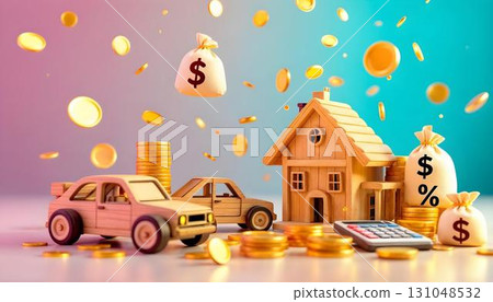 House, car, and money bags displayed on a vibrant background, highlighting the tax day concept and financial considerations 131048532